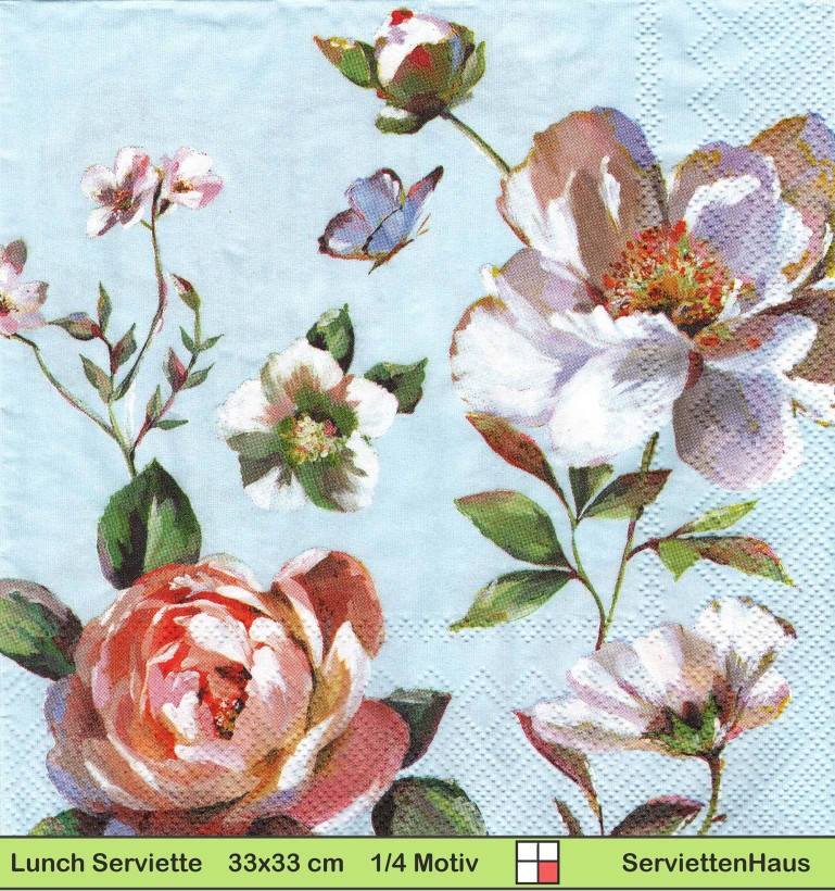 Rosen und wilde Rosen mit Schmetterling auf blau - 1 Lunch Serviette
