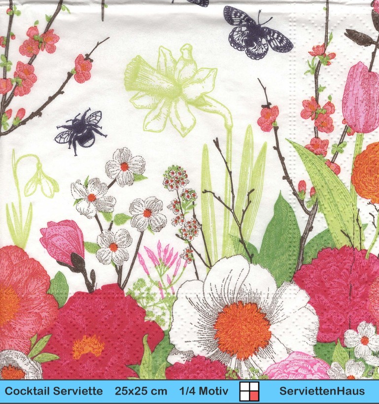 Frühlingswiese mit Hummel und Schmetterling - 1 Cocktail Serviette