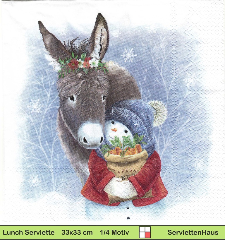 Esel mit Schneemann - 1 Lunch Serviette