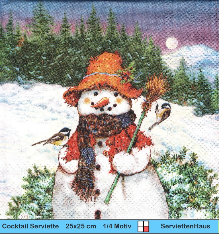 Schneemann mit Vögel am Waldrand - 1 Cocktail Serviette
