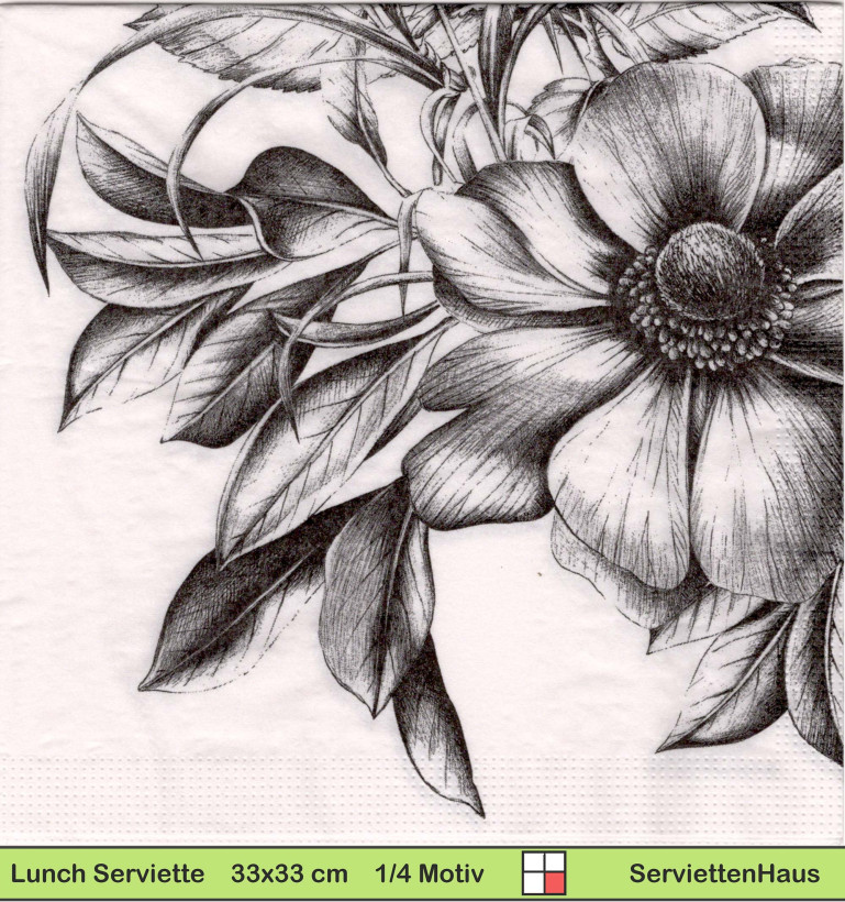 Schwarz gezeichnete Blumen - 1 Lunch Serviette