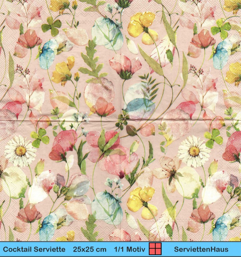 Wiesenblumen auf rosa - 1 Cocktail Serviette - ganzes Motiv