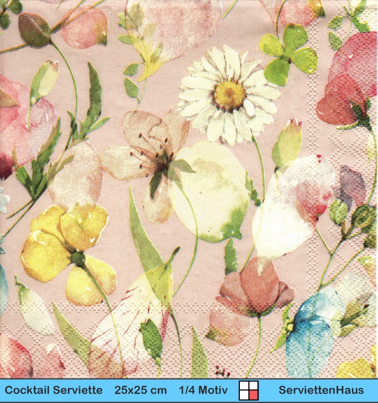 Wiesenblumen auf rosa - 1 Cocktail Serviette - ganzes Motiv