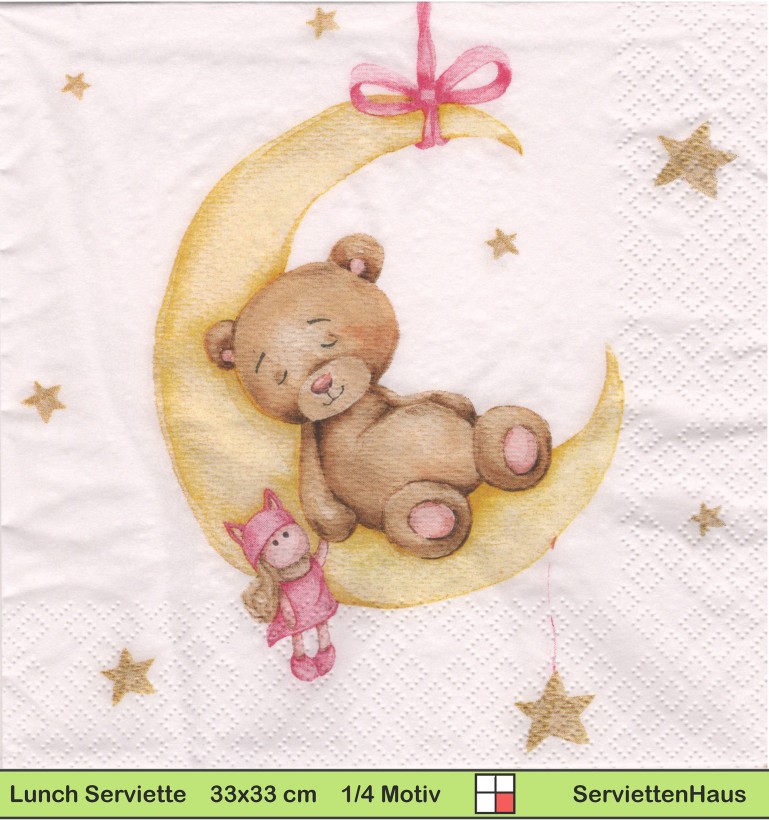 Teddybär schläft auf dem Mond mit rosa Puppe - 1 Lunch Serviette