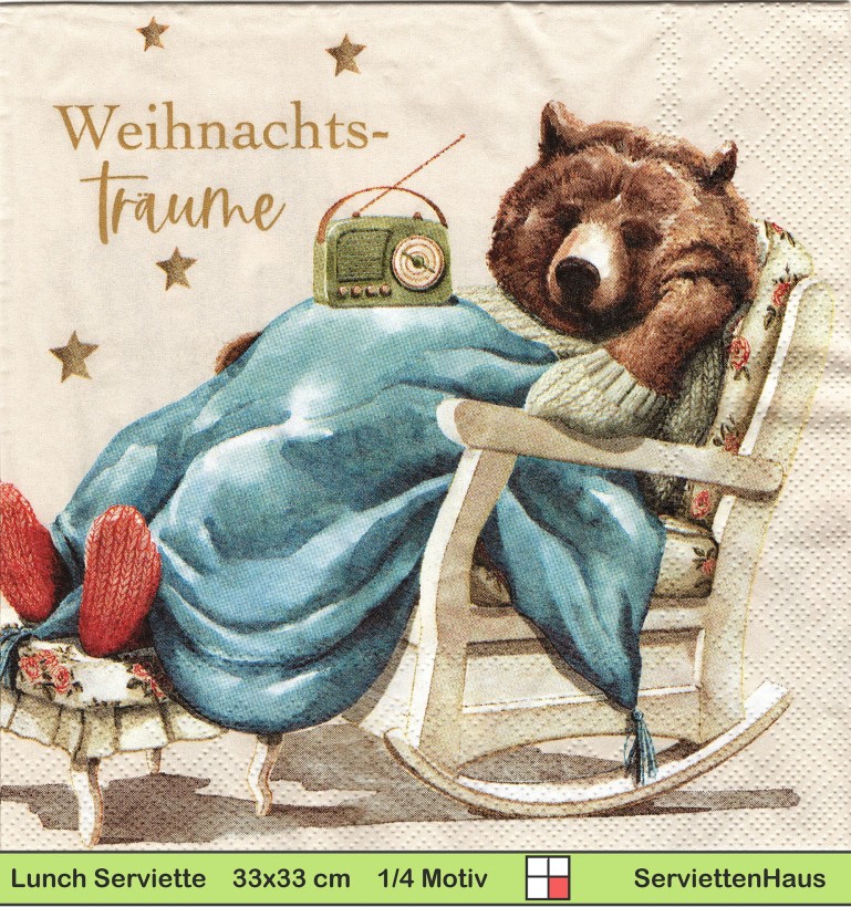 Bär mit Weihnachtsträumen im Stuhl auf beige - 1 Lunch Serviette