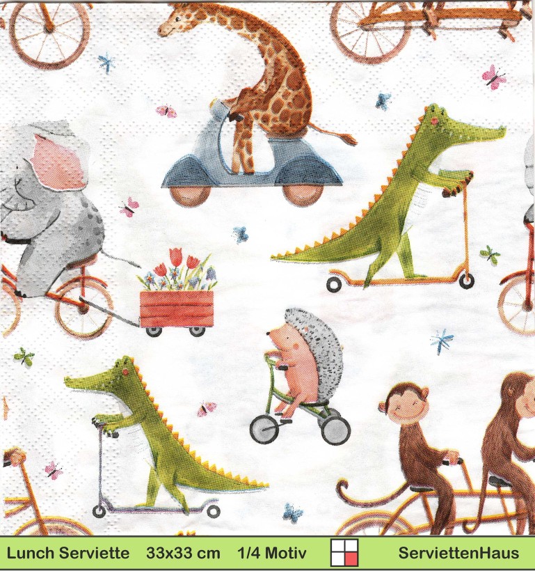 Krokodil Giraffe Elefant Igel Affen auf dem Fahrrad - 1 Lunch Serviette