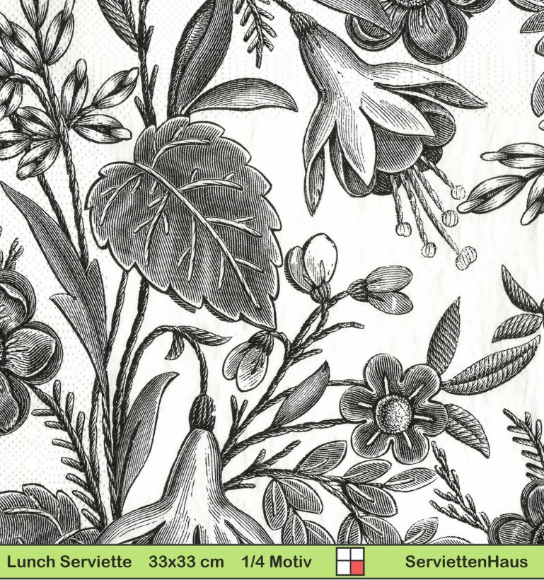Gezeichente schwarze Blumen - 1 Lunch Serviette - ganzes Motiv