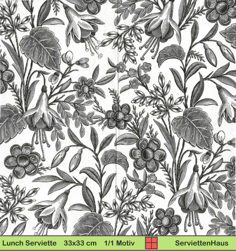 Gezeichente schwarze Blumen - 1 Lunch Serviette - ganzes Motiv