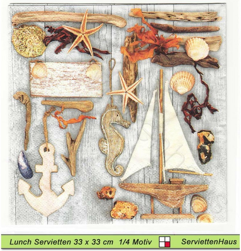 Treibholz Muscheln Anker und andere Meeremotive - 1 Lunch Serviette