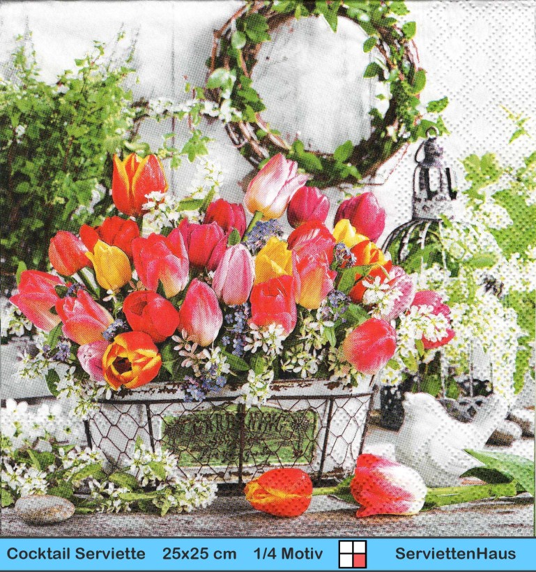 Tulpen in Schale mit Porzellanvogel - 1 Cocktail Serviette
