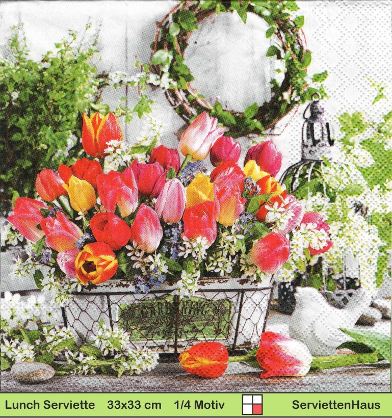 Tulpen in Schale mit Porzellanvogel - 1 Lunch Serviette