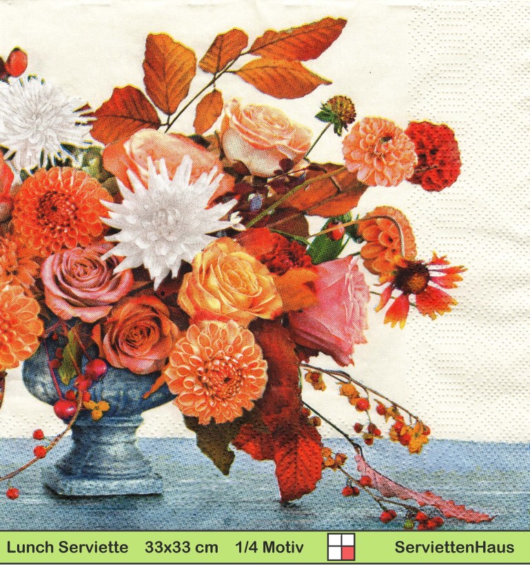 Dahlien Astern und Rosen in einer Vase - 1 Lunch Serviette - Halbes Motiv
