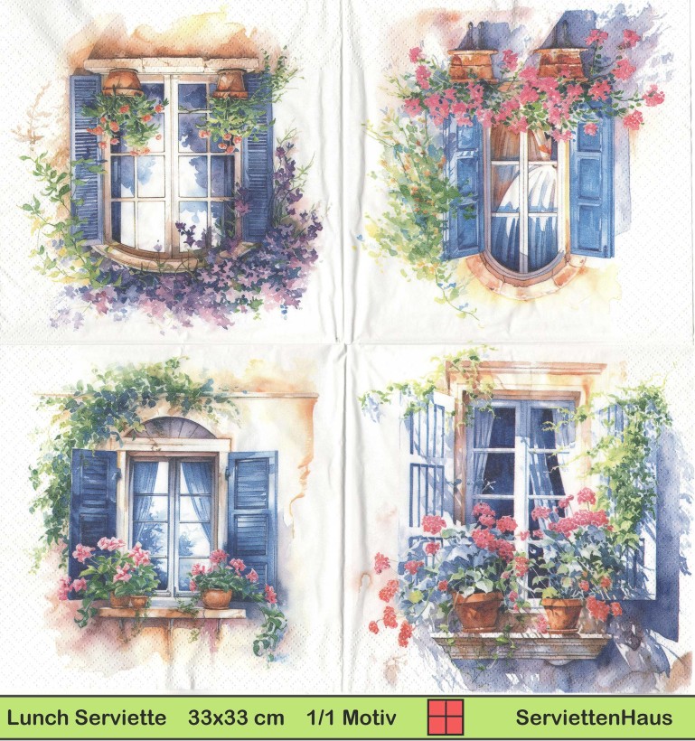 Vier verschiedene Fenster mit Blumen - 1 Lunch Serviette