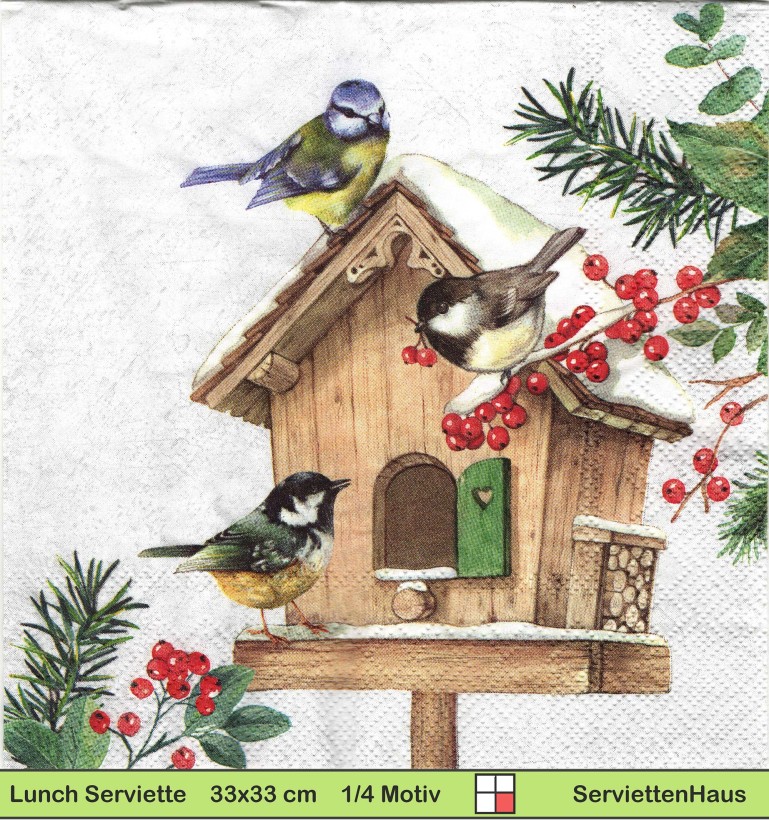 Vögel im Schnee am Vogelhaus - 1 Lunch Serviette