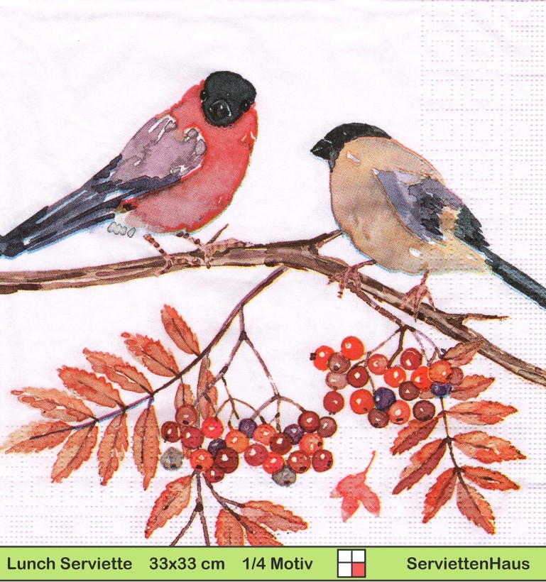 Zwei Vögel auf einem Ast mit Beeren - 1 Lunch Serviette