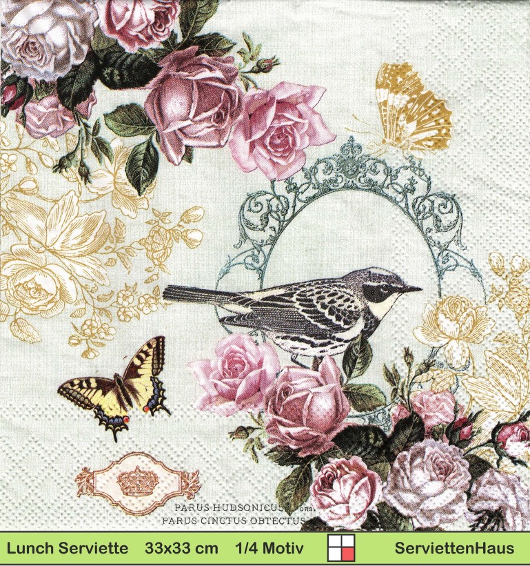 Vogel mit Rosen und Schmetterling - 1 Lunch Serviette