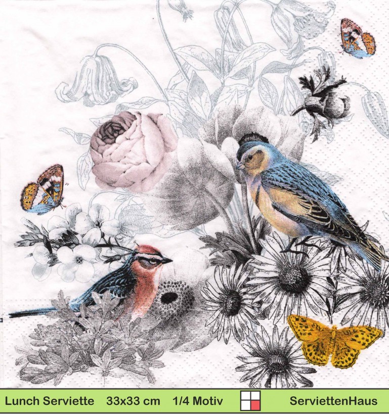 Gezeichnete Vögel und Schmetterlinge auf Blumen - 1 Lunch Serviette