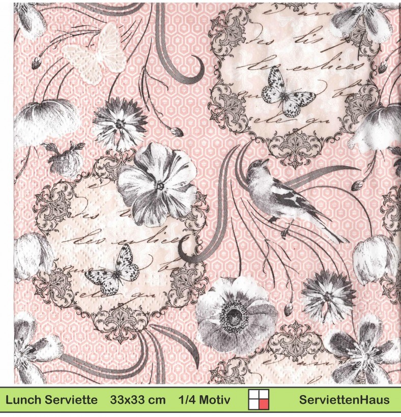 Vogel und Schmetterling auf rosa - 1 Lunch Serviette