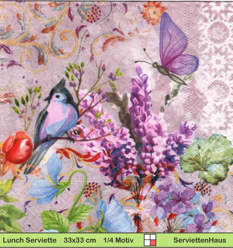 Schmetterling und Vogel auf lila Grund und Blumen - 1 Lunch Serviette