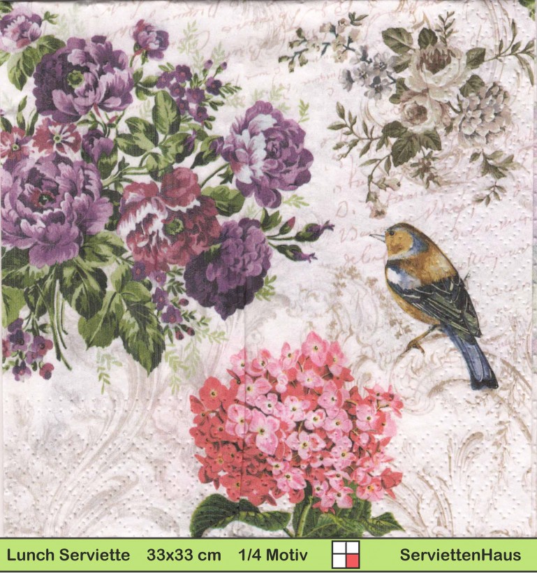 Vogel auf Schrift mit lila und rosa Blumen - 1 Lunch Serviette