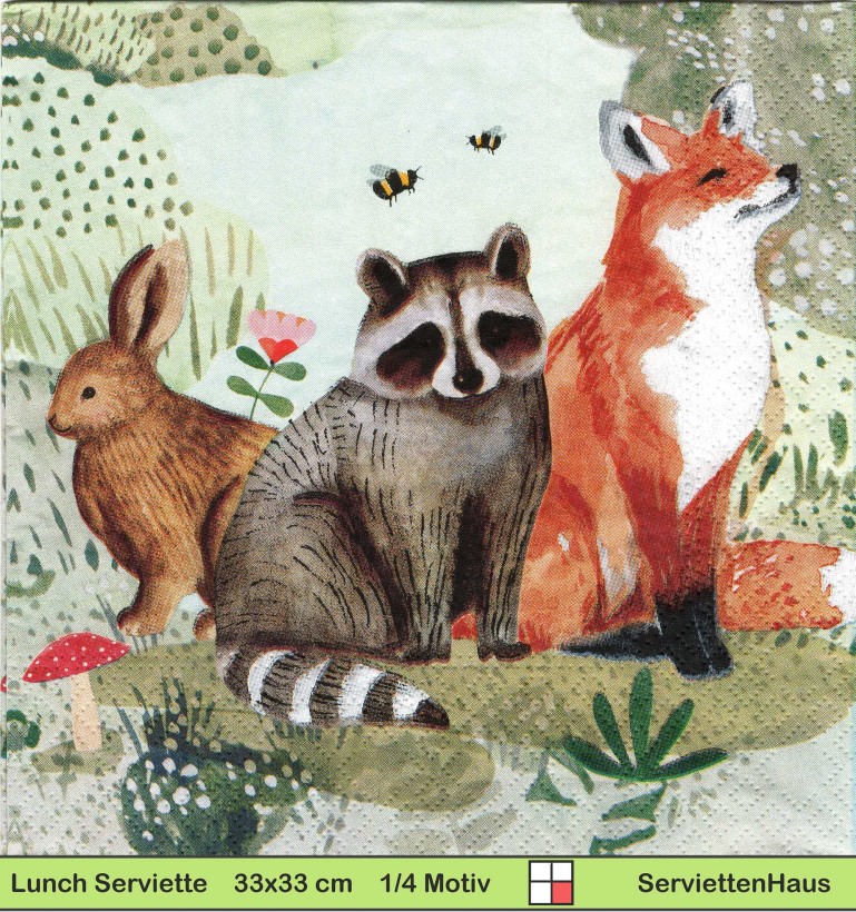 Waschbär Fuchs Hase und Bienen auf der Wiese - 1 Lunch Serviette