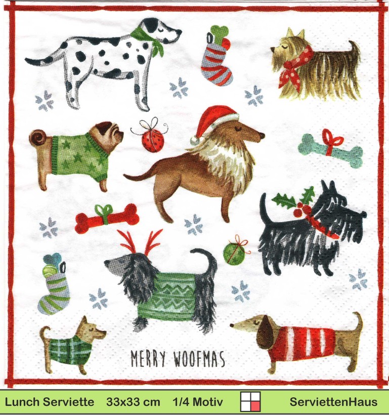 Weihnachtliche Hunde mit Nikolausmützen - 1 Lunch Serviette