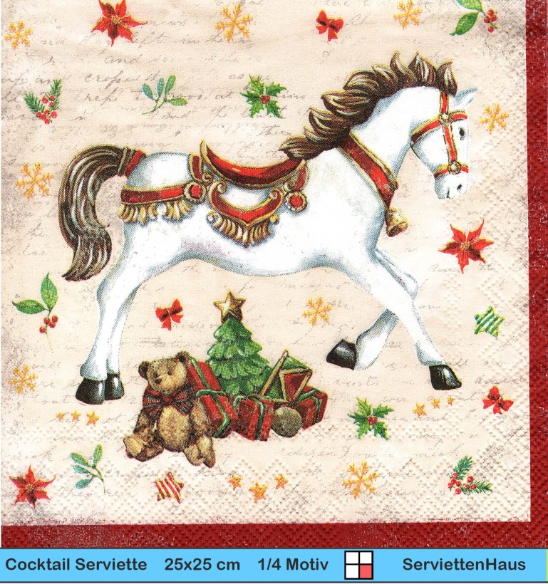 Schaukelpferd mit Teddy und Geschenken - 1 Cocktail Serviette