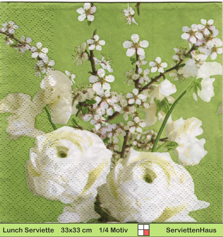 Weiße Rosen und Apfelblüten auf grün - 1 Lunch Serviette