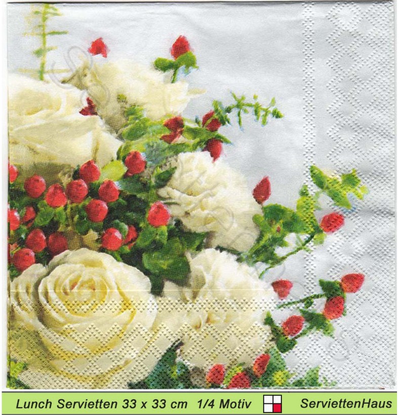 Weiße Rosen mit roten Beeren als Strauß - 1 Lunch Serviette