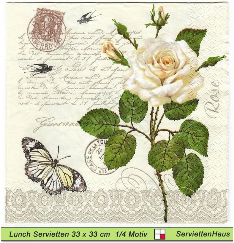 Weiße Rose mit Schmetterling auf Schrift - 1 Lunch Serviette