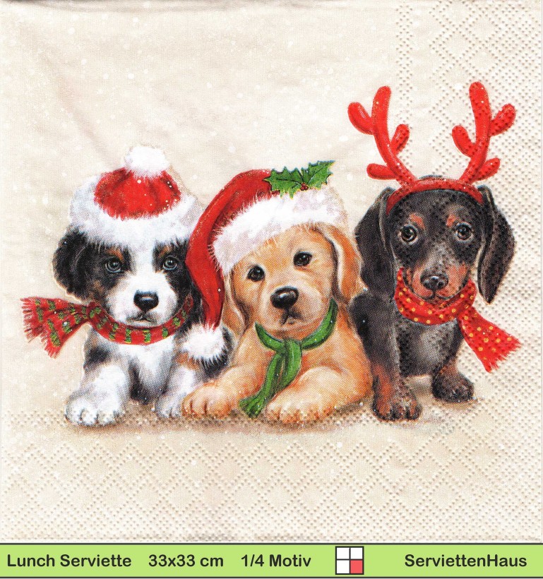 Kleine Hunde Welpen mit Nikolausmütze - 1 Lunch Serviette
