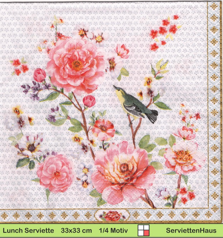 Wilde Rose mit Vogel (Schafstelze) - 1 Lunch Serviette