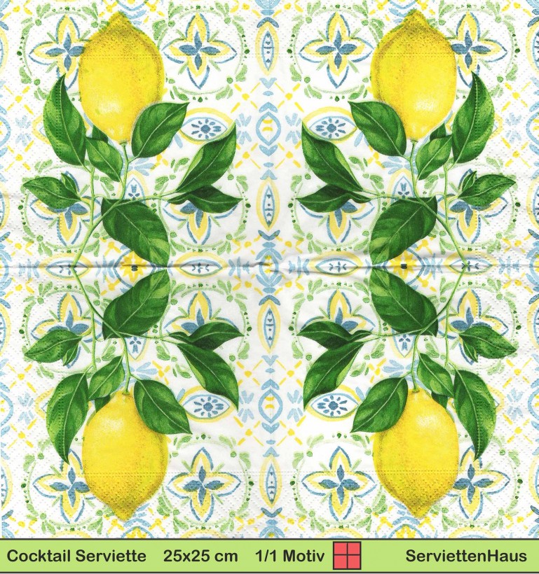 Zitronen auf blauen Ornamenten - 1 Cocktail Serviette