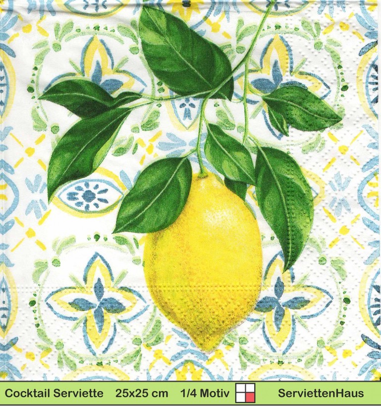 Zitronen auf blauen Ornamenten - 1 Cocktail Serviette