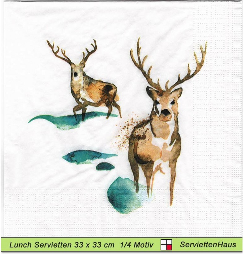 Zwei gezeichnete Hirsche am See - 1 Lunch Serviette