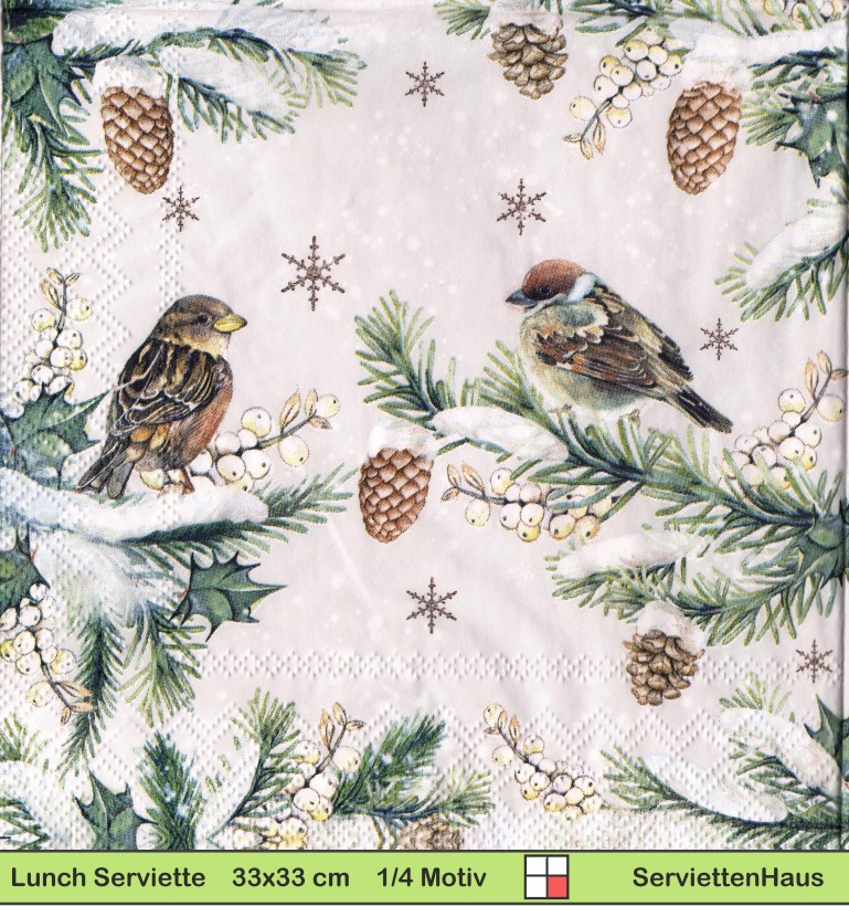 Zwei Spatzen im schneebedeckten Tannenbaum - 1 Lunch Serviette
