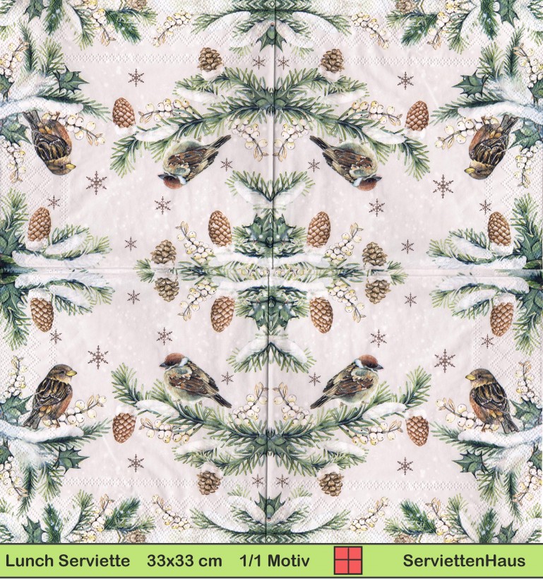 Zwei Spatzen im schneebedeckten Tannenbaum - 1 Lunch Serviette