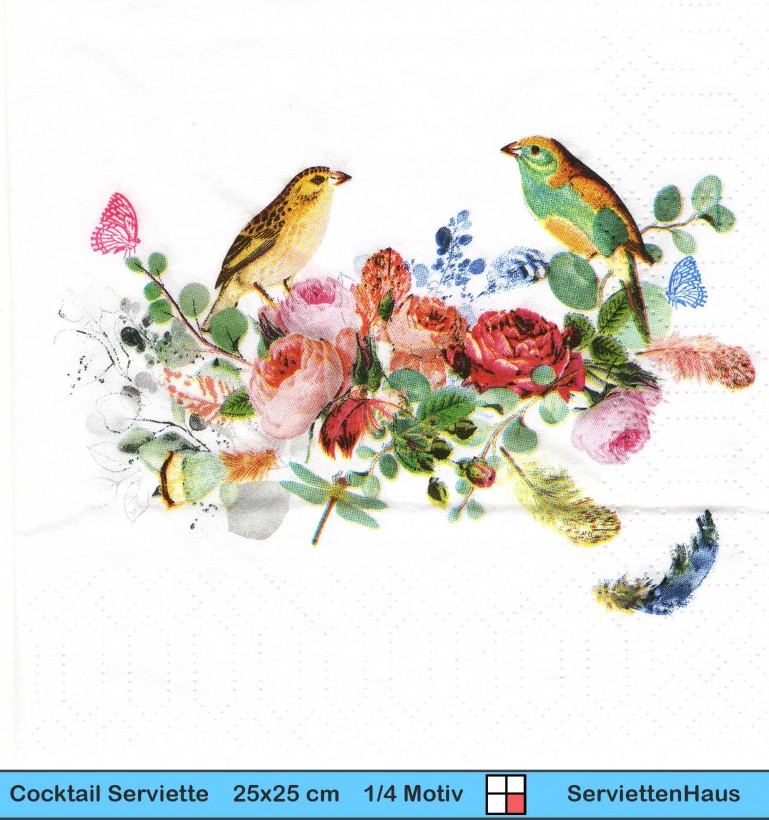 Vögel auf Rosen - 1 Cocktail Serviette