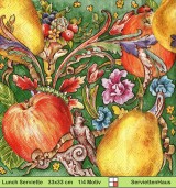 Obst Apfel Birne auf Ornamenten mit Vogel und Marienkäfer auf grün - 1 Lunch Serviette