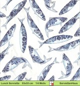Blaue Fische mit Blumen und Ornamenten bemalt - 1 Lunch Serviette - Ganzes Motiv