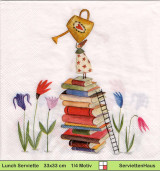 Kleine Elfe steht auf Bücher und gießt Blumen - 1 Lunch Serviette