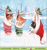 Drei Katzen im Schnee auf der Leine in Socken - 1 Lunch Serviette