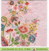 Gestickte Blumen auf rosa - 1 Lunch Serviette