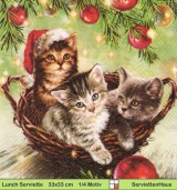 Drei Katzen in Weidenkorb unter Weihnachtsbaum - 1 Lunch Serviette