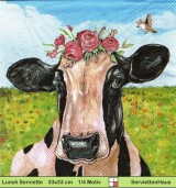 Kuh mit Blumenkranz und Vogel auf der Wiese - 1 Lunch Serviette