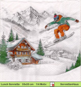 Skifahrer in den Bergen vor einem Dorf - 1 Lunch Serviette