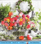 Tulpen in Schale mit Porzellanvogel - 1 Cocktail Serviette
